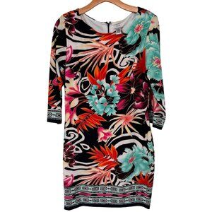 Cache Womens Floral Print Dress Size 14 Black 3/4 Sleeve bodycon